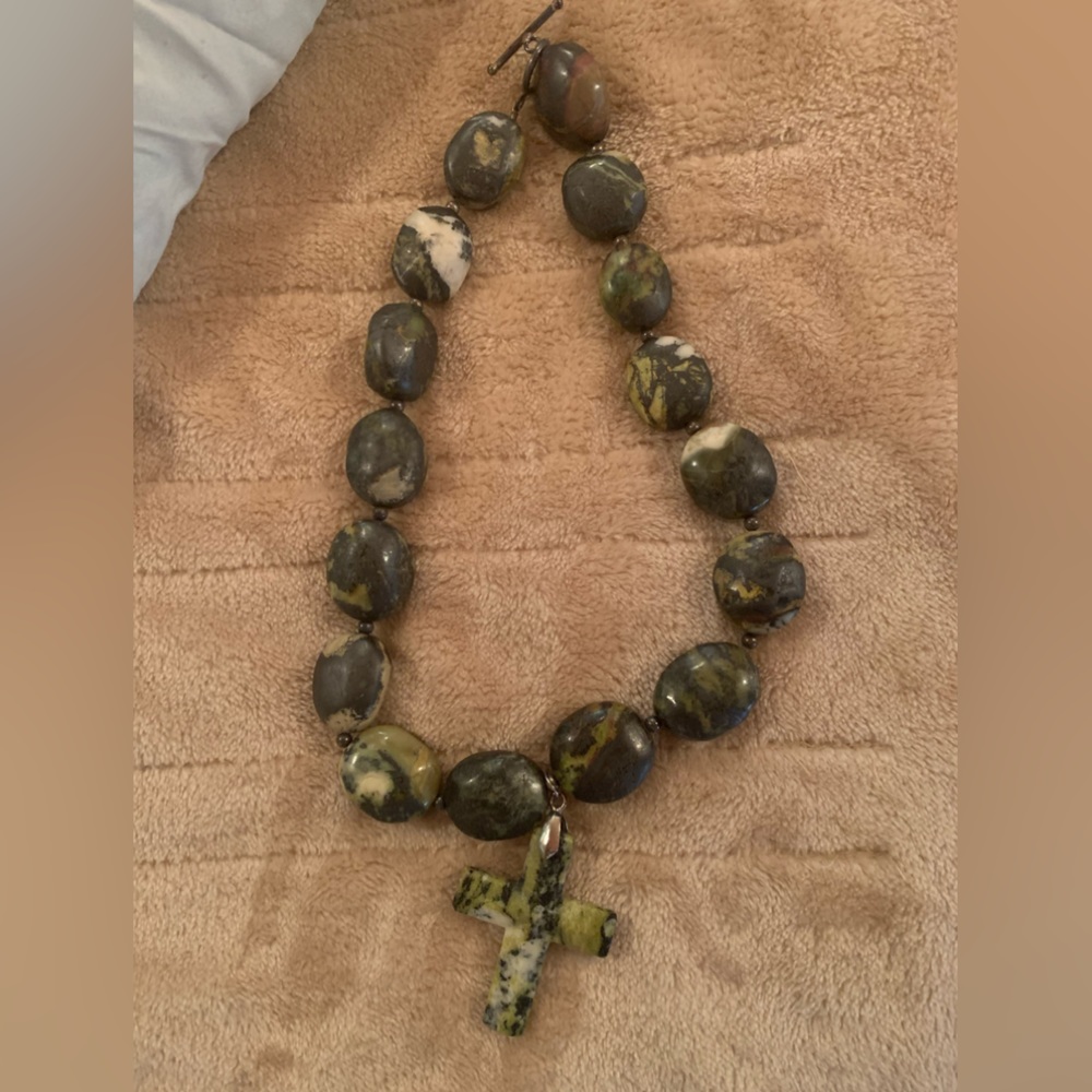 Green beads with cross necklace
